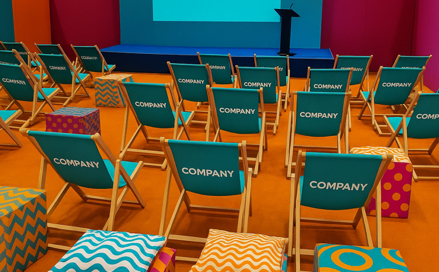 Elaborate Custom branded set design featuring seating in a lively event theatre space
