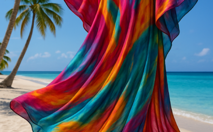 Brightly colored silk kaftan hanging on a tropical palm with a beach in the background