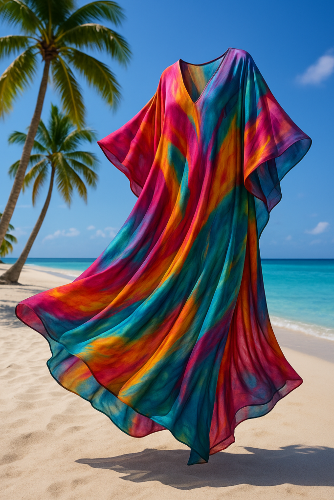 Brightly colored silk kaftan hanging on a tropical palm with a beach in the background