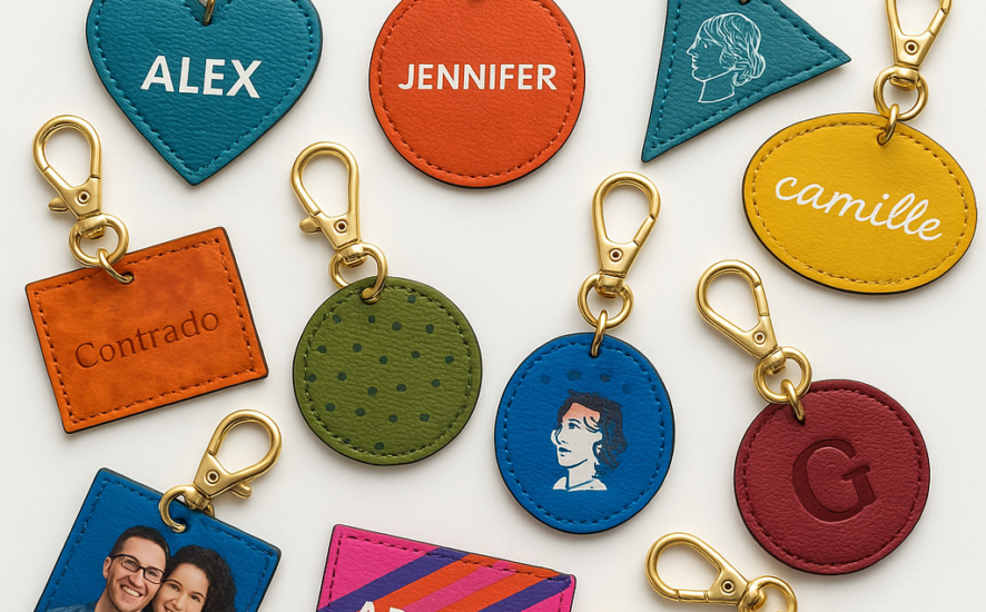 Assorted personalised leather bag charms in different colours and designs.