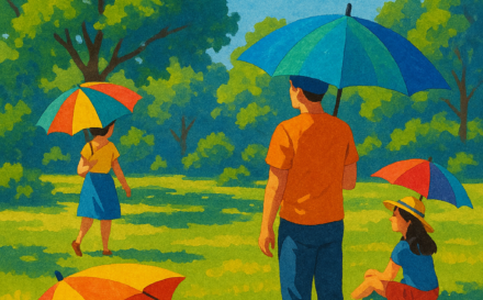 People enjoying shade under colourful umbrellas on a sunny park day