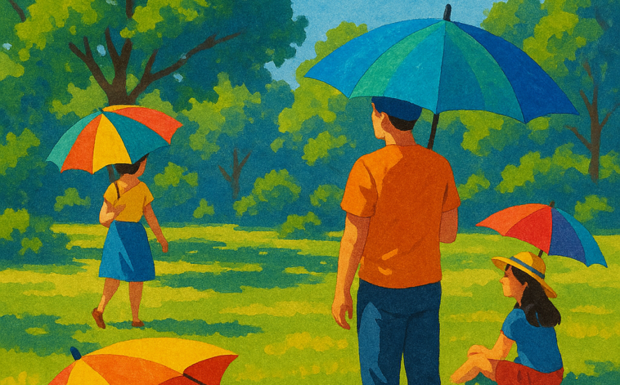 People enjoying shade under colourful umbrellas on a sunny park day
