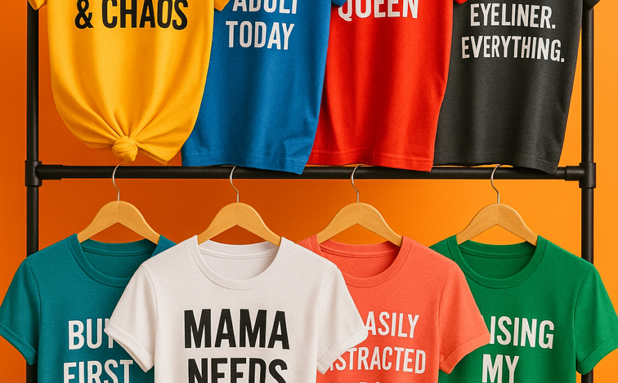 Vibrant custom slogan T-shirts on a display rack featuring witty phrases.
