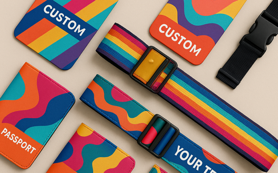 Array of personalized travel accessories featuring bright, custom designs