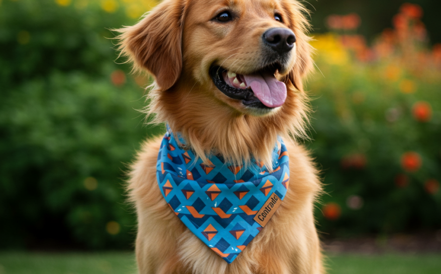 Dog wearing a colorful custom dog bandana in a park