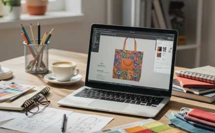 Designer workspace with Contrado design tool on laptop, sketches, and tote bag mock-up