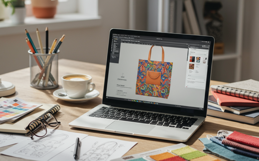 Designer workspace with Contrado design tool on laptop, sketches, and tote bag mock-up