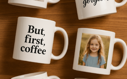 Assortment of personalised mugs with unique designs and photos.