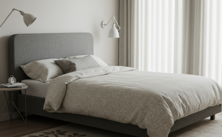 Scandinavian bedroom with custom-made decor items like a rug, curtains, and bedding from Contrado.