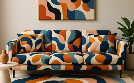 Modern living room with custom sofa and abstract decor