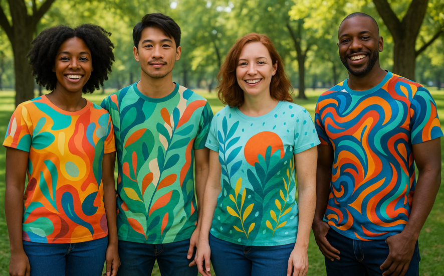 A diverse group of people in a park, each wearing uniquely designed all-over printed t-shirts