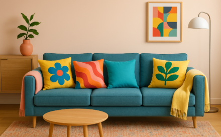Living room with colourful custom cushions and pastel throws