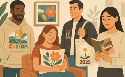 Illustration of trending 2025 merchandise, including custom apparel and home accessories.