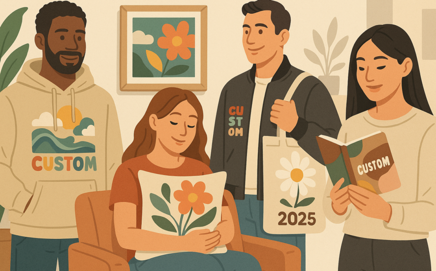 Illustration of trending 2025 merchandise, including custom apparel and home accessories.