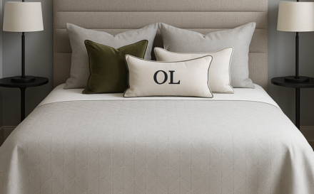 Stylish bedroom with personalised bedding and fabric headboard