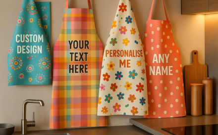 Colourful custom tea towels and aprons adding personality to a modern kitchen.