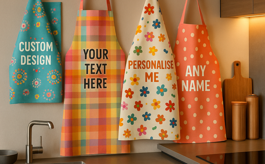 Colourful custom tea towels and aprons adding personality to a modern kitchen.