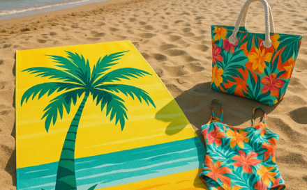 A personalised beach towel with a tropical design laid on UK beach sand, matching swimsuit and bag nearby