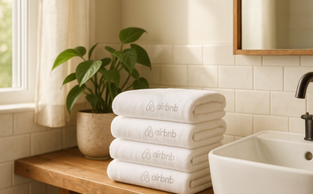 Stack of personalised towels with a logo in a stylish Airbnb bathroom setting