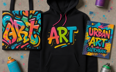 Collection of urban-inspired artist merchandise featuring tote bags and hoodies with graffiti designs on a concrete surface