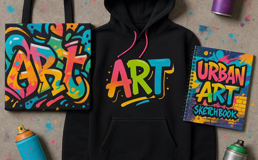 Collection of urban-inspired artist merchandise featuring tote bags and hoodies with graffiti designs on a concrete surface