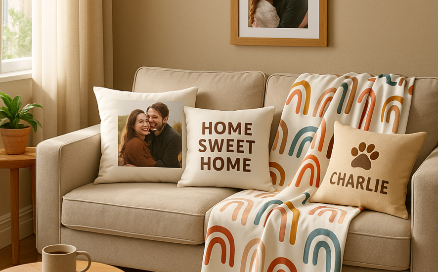 A cosy living room showcasing personalised cushions, blankets, and wall art.