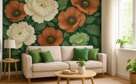 Modern living room with striking oversized floral wallpaper as a feature wall