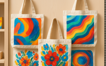 Variety of canvas tote bags with colourful designs