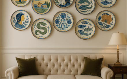 Decorative ceramic plates on a wall in a living room setting, showcasing unique designs