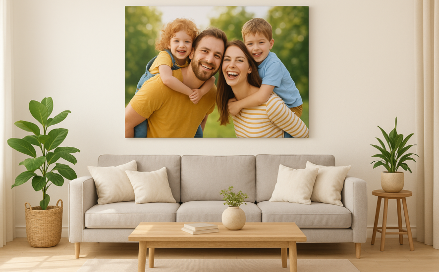 Living room with a personalised canvas print above a grey sofa, adding a vibrant and personal touch to the space