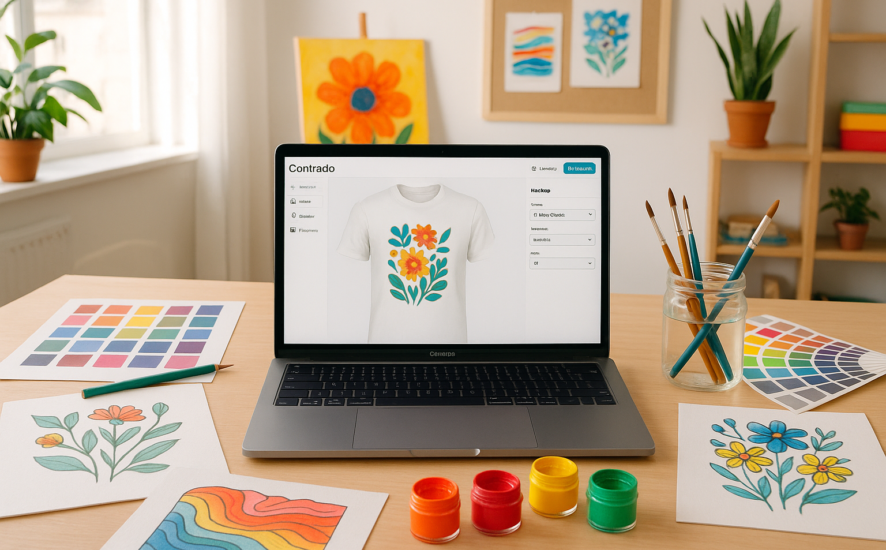 Artist’s workspace featuring Contrado’s design interface and custom t-shirt mock-up on a laptop