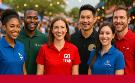 Group of people wearing various custom-designed polo shirts at an outdoor event - full printed designs