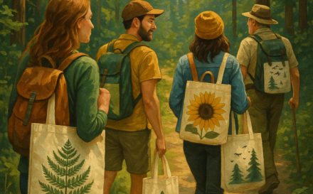 Eco-tourists with nature-inspired tote bags walking in a lush forest