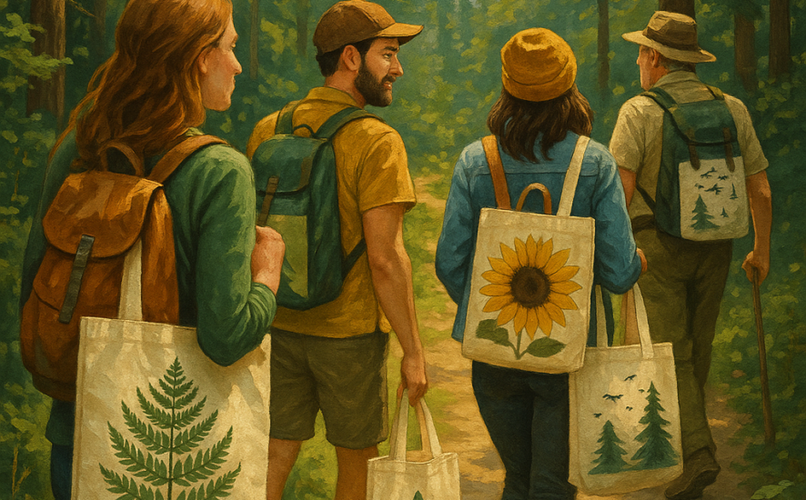 Eco-tourists with nature-inspired tote bags walking in a lush forest