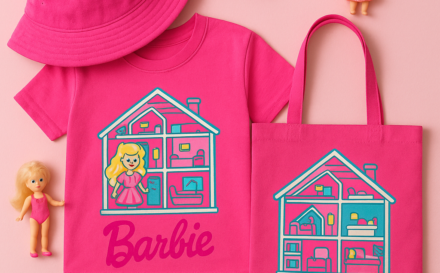 A collection of Barbiecore-inspired custom clothing items in hot pink, including a bucket hat and T-shirt, displayed on a pink surface.