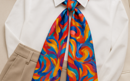 Contrado custom printed scarf styled as a neck tie with a white blouse and trousers for a chic daytime look