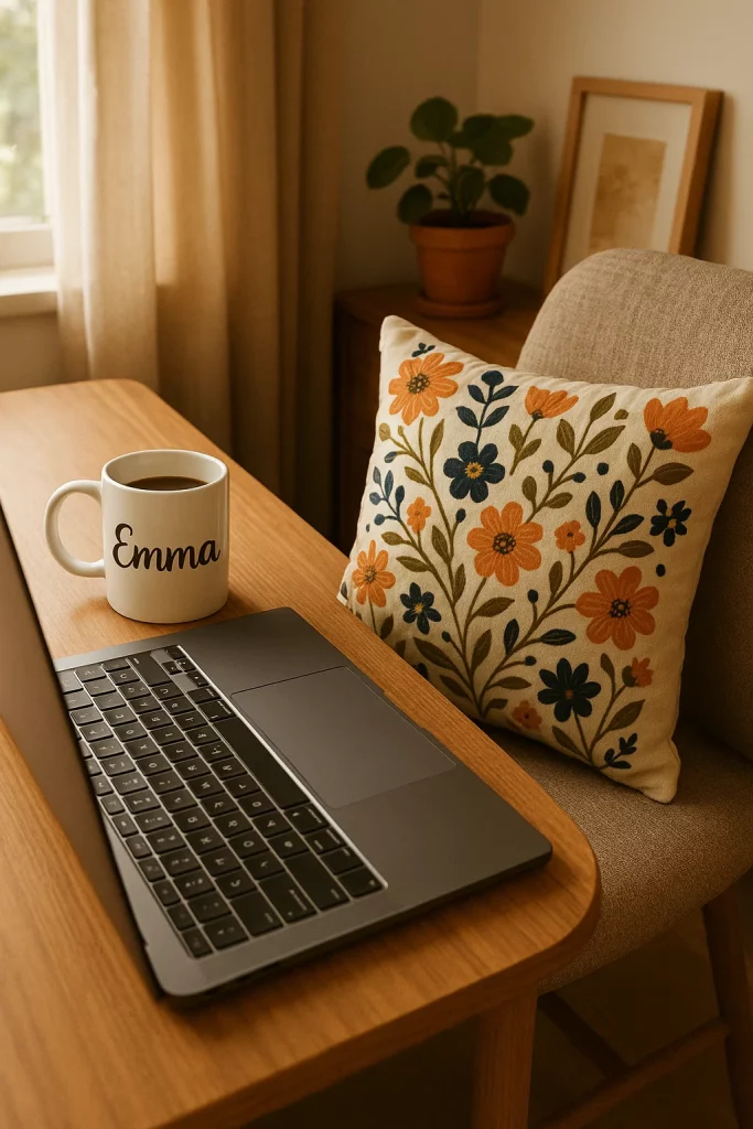 A cosy home office corner with a personalised ceramic mug featuring a pet’s face, placed next to a laptop on a desk. A custom cushion with a floral pattern rests on the chair, adding comfort and style. Soft lighting enhances the warm, personal vibe of the space.