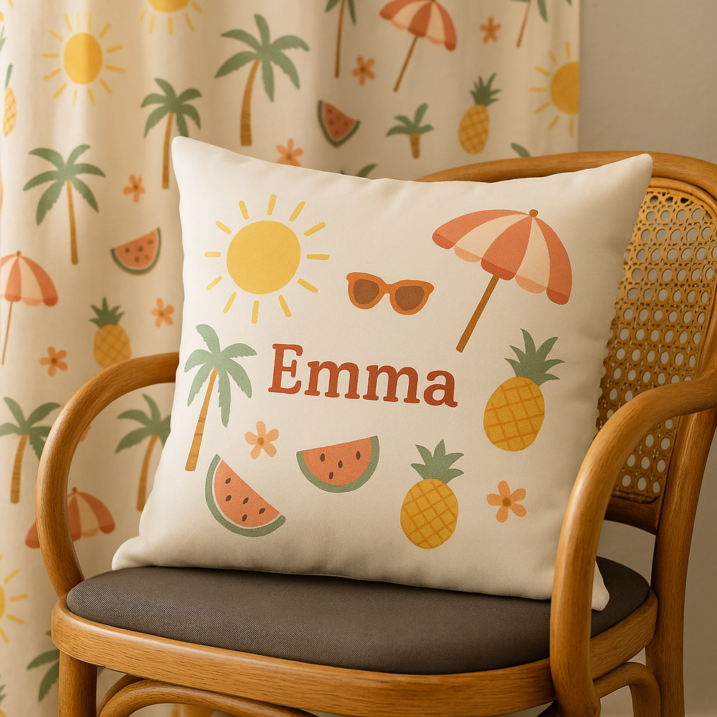 personalised cushion with a unique design, sitting on a stylish chair with a backdrop of a summer-themed, custom-printed curtain.