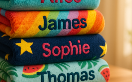 Stack of vibrant microfibre towels with custom designs on a wooden shelf.