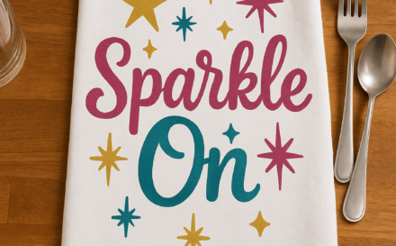 Custom tea towel with 'Sparkle On' design used for drying dishes and utensils
