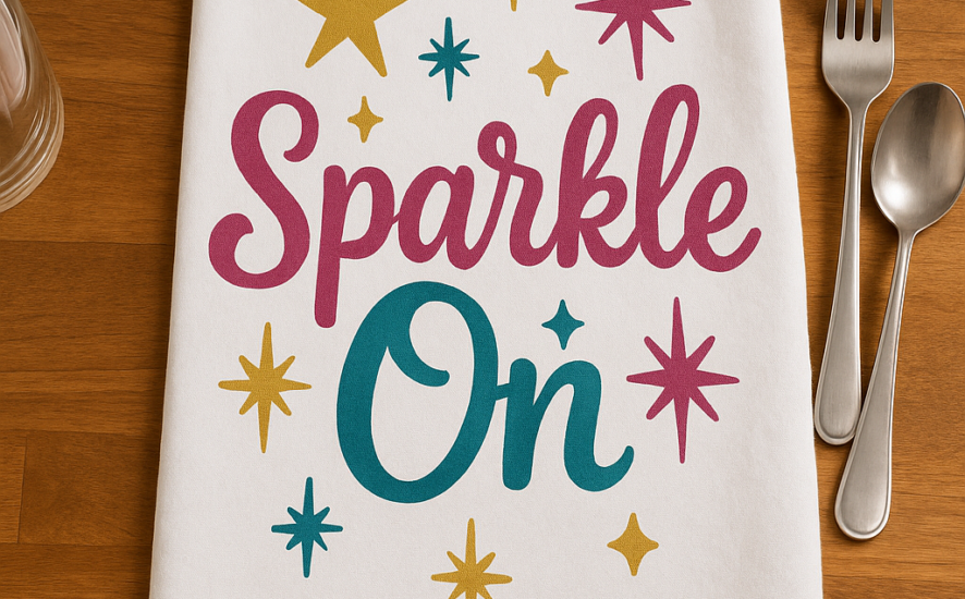 Custom tea towel with 'Sparkle On' design used for drying dishes and utensils