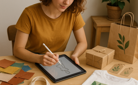 An artist designing a product with various fabric swatches and eco-friendly materials around