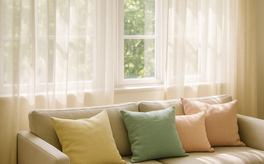 Sunlit room with linen curtains and pastel cushions