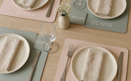 Casual dining table setup with personalised placemats and coasters in soft hues