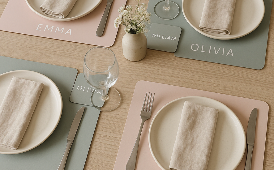 Casual dining table setup with personalised placemats and coasters in soft hues