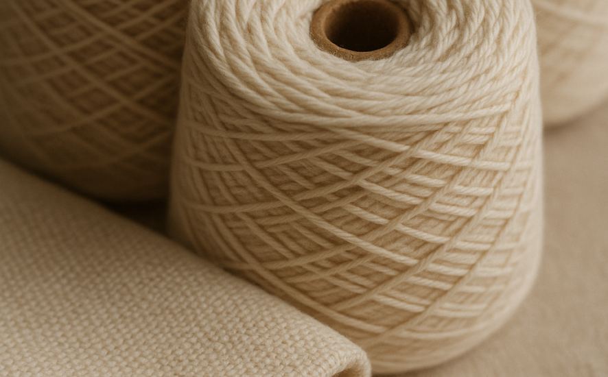 Spools of organic cotton yarn with folded fabric for sustainable textiles