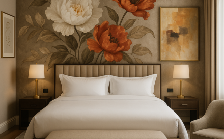Hotel room featuring personalised decor with custom wallpaper and art