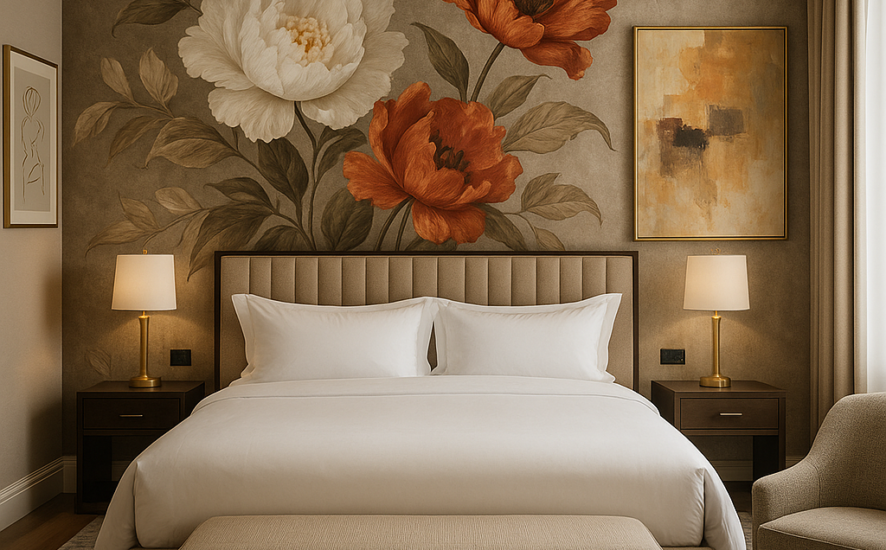 Hotel room featuring personalised decor with custom wallpaper and art
