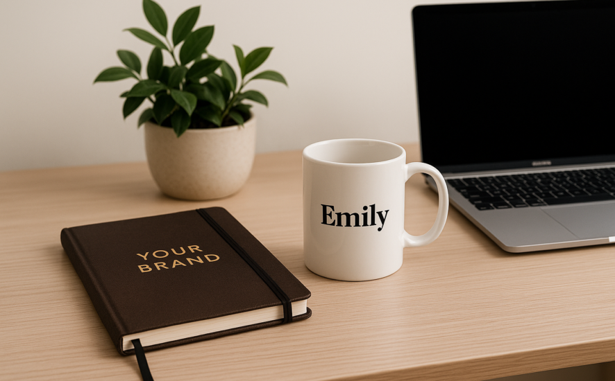 Workspace featuring a personalised mug and custom branded notebook with a laptop and house plant.