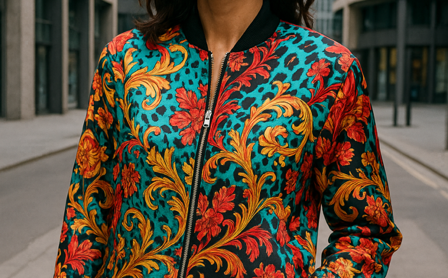 A woman wearing a reversible silk bomber jacket with bold prints in a city environment.